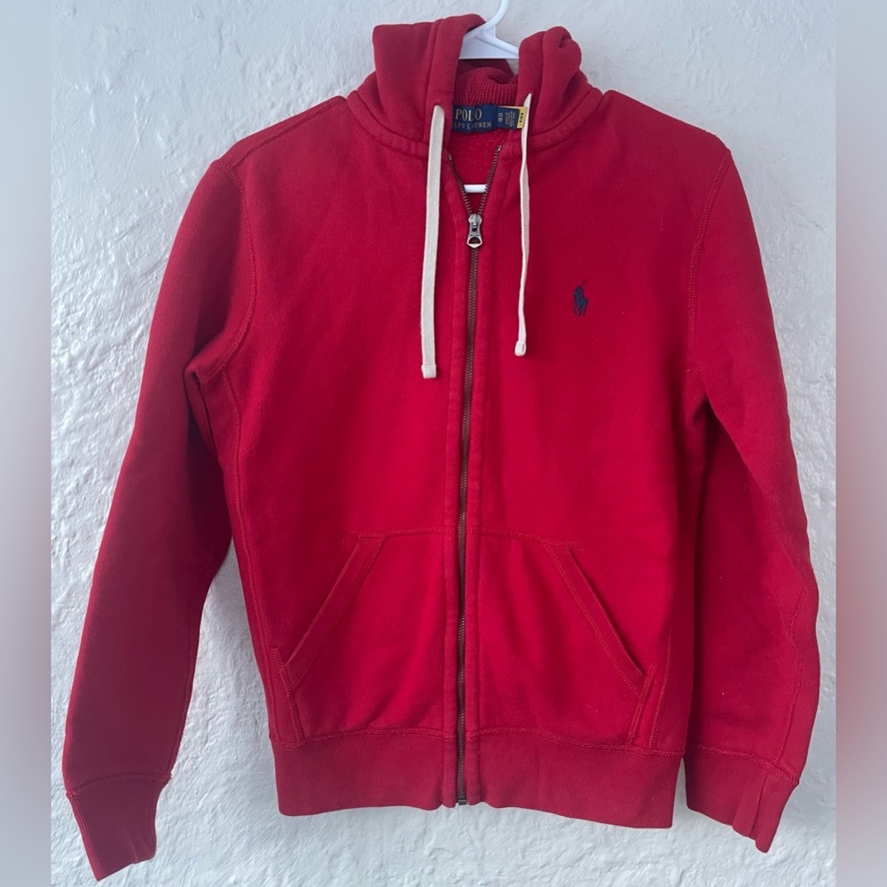 Ralph Lauren Classic Lightweight Zip Up Hoodie Sweatshirt Red Logo; size XS
